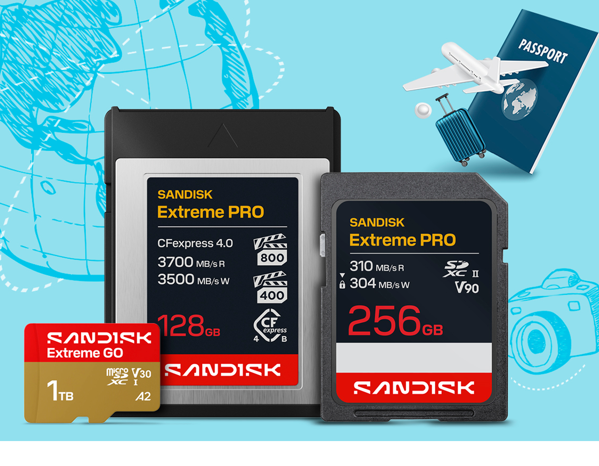 Una microSD SANDISK Extreme GO, SANDISK Extreme PRO CFexpress e SANDISK Extreme PRO SD visualizzate accanto a passaporto, aereo e valigia su uno sfondo blu a tema viaggi.
