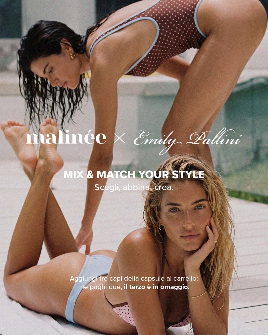 Two women in polka-dot and pale bikinis by a pool, one lounging and one leaning over, showcasing mix-and-match swimwear styles