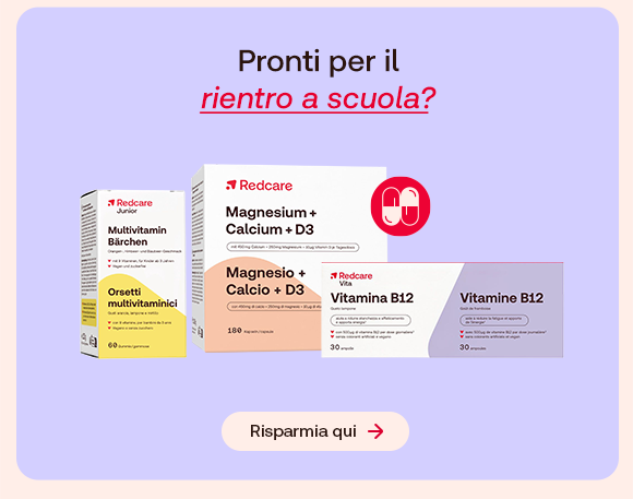 “Prodotti Redcare per il rientro a scuola: multivitaminico per bambini, Magnesio + Calcio + D3 e Vitamina B12.”