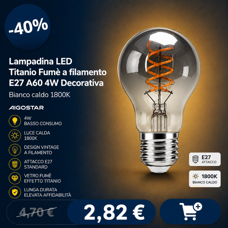 Smoked titanium LED filament bulb E27 A60 4W decorative, warm 1800K, vintage design on sale -40% price €2.82