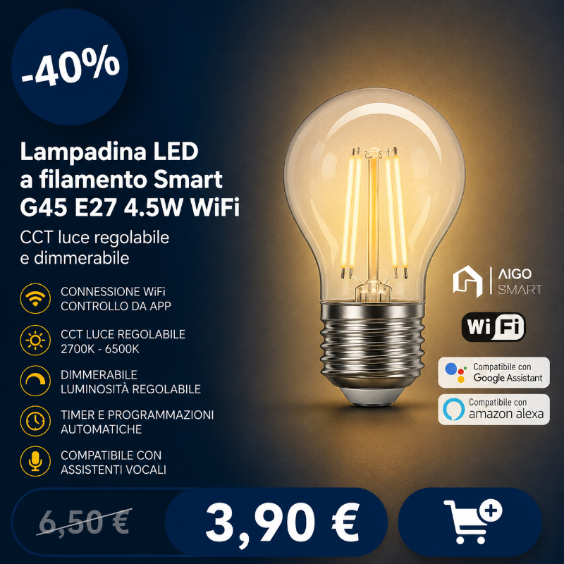 Smart LED filament bulb G45 E27 4.5W with Wi‑Fi, dimmable CCT 2700–6500K, app control and Google Assistant/Alexa compatible