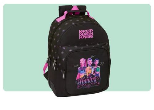 Black backpack with pink trim featuring 'K-POP DEMON HUNTERS' logo and front pocket illustration of three colourful female K-pop demon-hunter characters