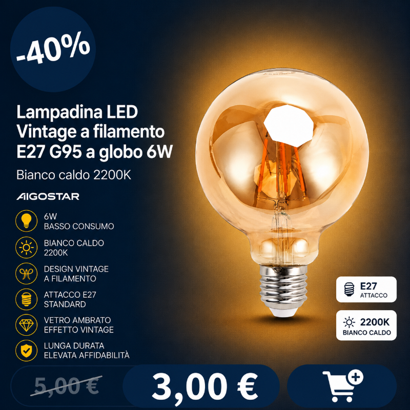Amber-glass vintage filament LED globe bulb (E27 G95) 6W, warm 2200K, energy-saving decorative lamp with 40% discount