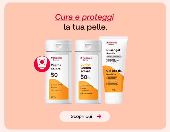 “Prodotti Redcare Derma per la protezione e la cura della pelle: creme solari SPF 50 e 50+ e gel doccia Sensitive.”