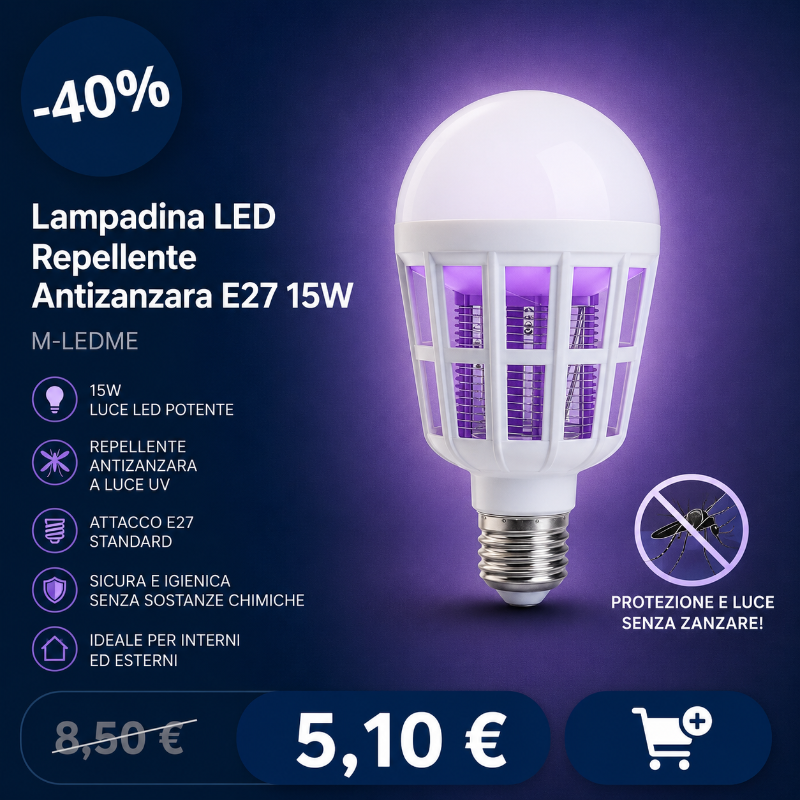 LED mosquito-repellent E27 15W bulb with purple UV light — chemical-free indoor/outdoor pest control, discounted -40%