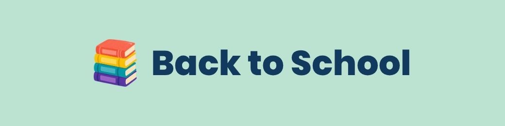 Stack of colourful books icon beside bold 'Back to School' text on a mint green background