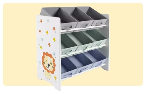 Three-tier children's toy storage organiser with nine slanted fabric bins in grey, mint and blue, white side panels with stars and lion illustration