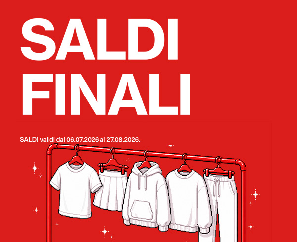 SALDI FINALI. Abiti bianchi su uno stand rosso.