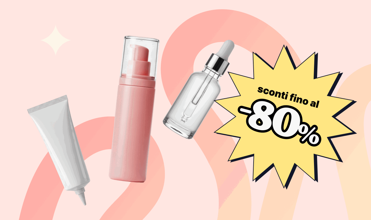 Three skincare bottles on a pink background with two starburst sale badges reading 'sconti fino al -80%' (up to 80% off)