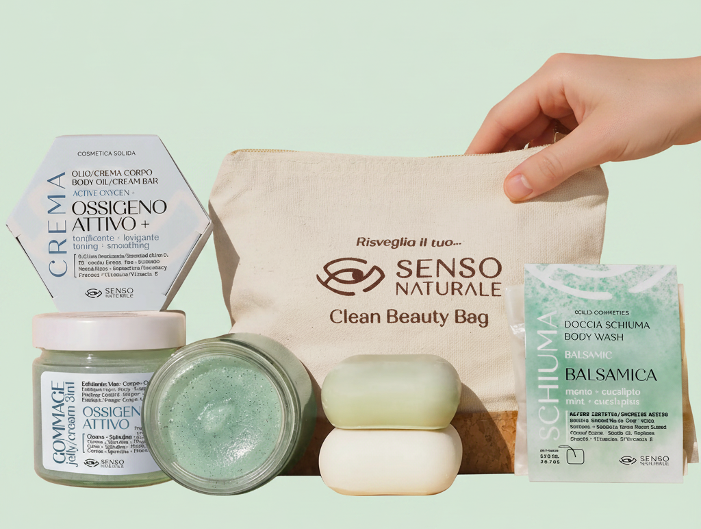 A hand holds a beauty bag with skincare products, including a body wash, cream bar, and jelly scrub.