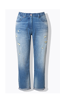 Boyfriend jeans con effetto sdrucito e cintura comoda