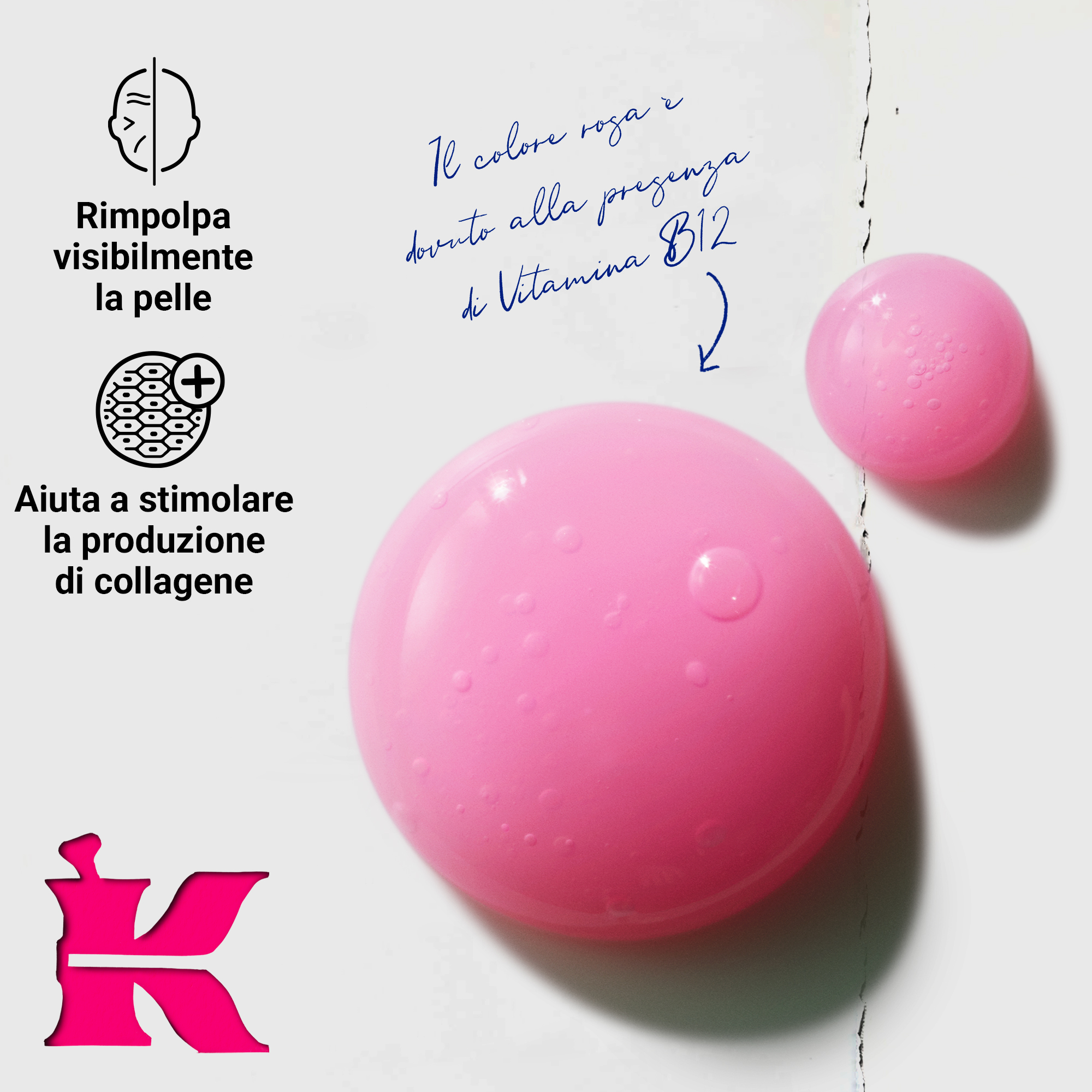 Gocce di CollaShot: rimpolpa visibilmente la pelle, stimola il collagene; il colore rosa è dato dalla Vitamina B12