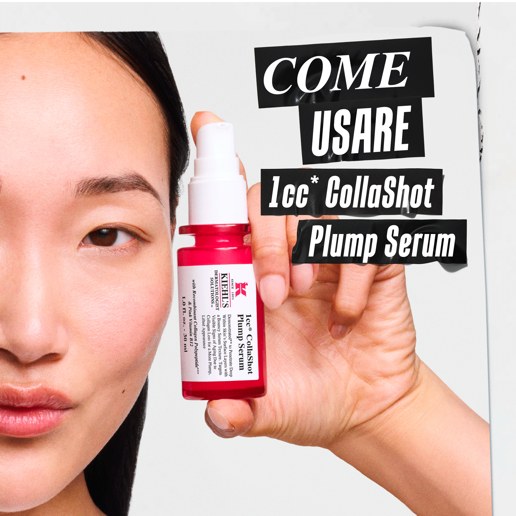 Donna mostra il siero Kiehl's 1cc CollaShot Plump Serum con collagene ricombinante, vitamina B12 e ramnosio