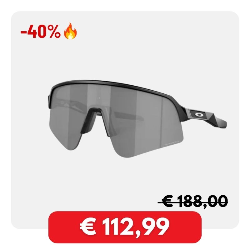 Black wraparound sports sunglasses with grey shield lens and 'O' logo on temple, on sale -40% €112.99