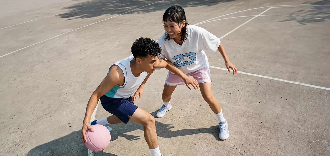 Un uomo palleggia una palla da basket rosa mentre una donna con la maglia numero 23 lo difende su un campo all'aperto.