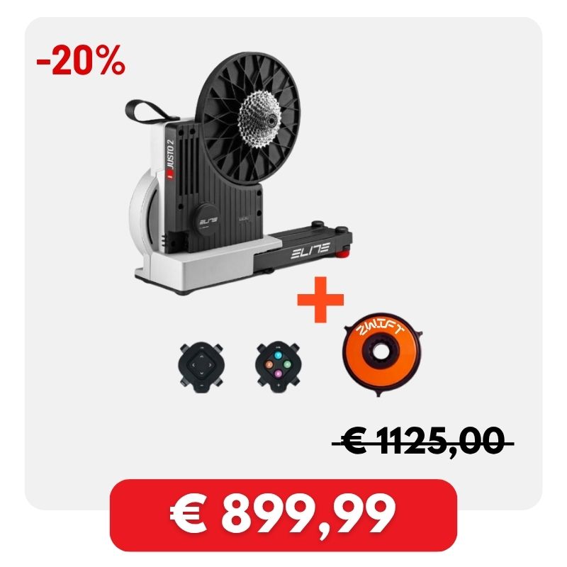 Smart direct-drive bike trainer with cassette, two sensor buttons and orange Zwift puck, 20% off and price €899.99