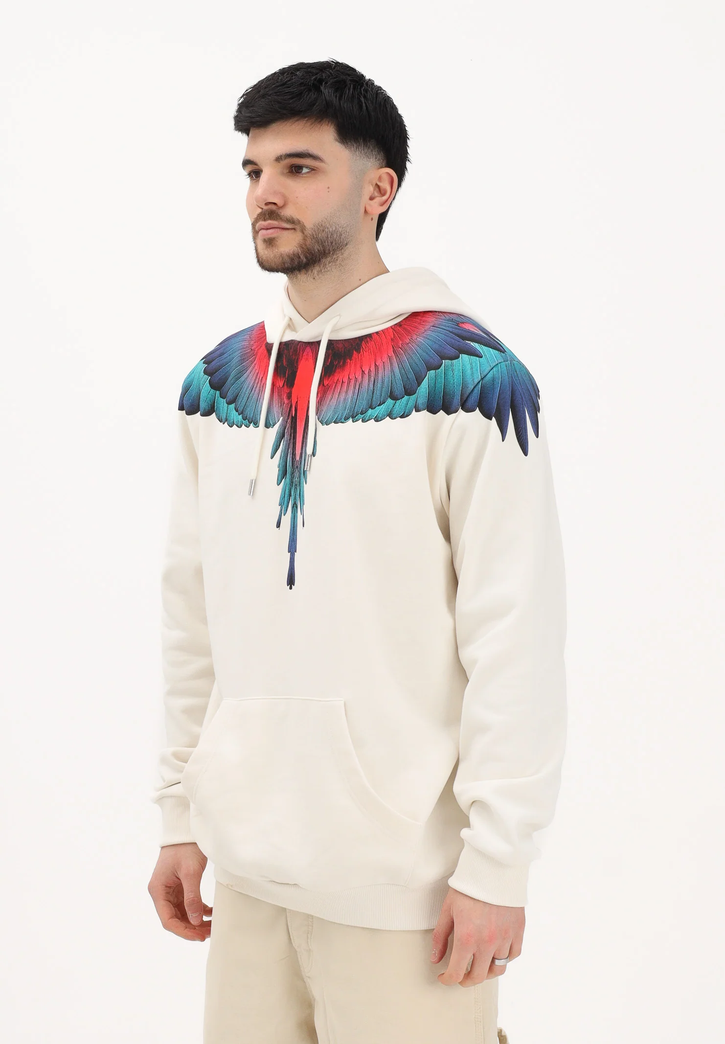 Image of MARCELO BURLON COUNTY OF MILAN Felpa con cappuccio panna da uomo rifinita da stampa ali multicolor