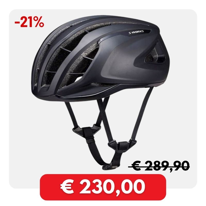 Matte black S-Works road cycling helmet with multiple vents and adjustable chin straps, on sale -21% now €230