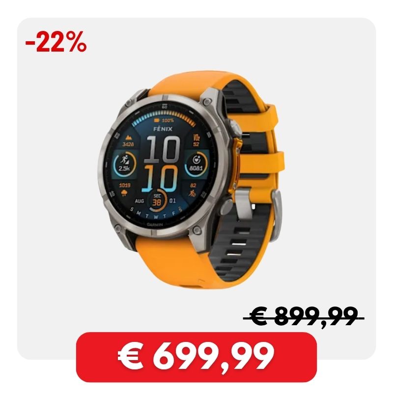 Garmin Fēnix multisport smartwatch with orange strap and round fitness display, sale badge -22% and price €699.99