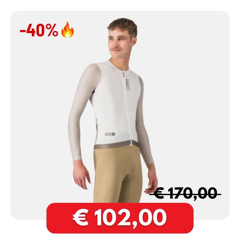 Male model wearing white long-sleeve cycling skinsuit and beige bib shorts, 40% off label and discounted price €102 (was €170)