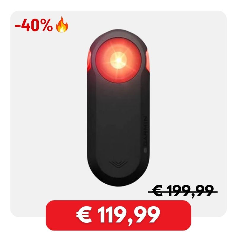 Garmin Varia rear bike radar tail light glowing red on white background with -40% sale price €119.99