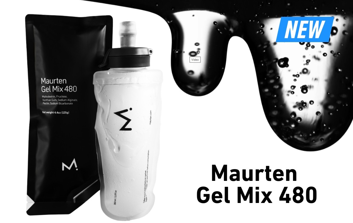Maurten Gel Mix 480 black pouch and white squeeze bottle with dripping black gel graphic and 'NEW' badge