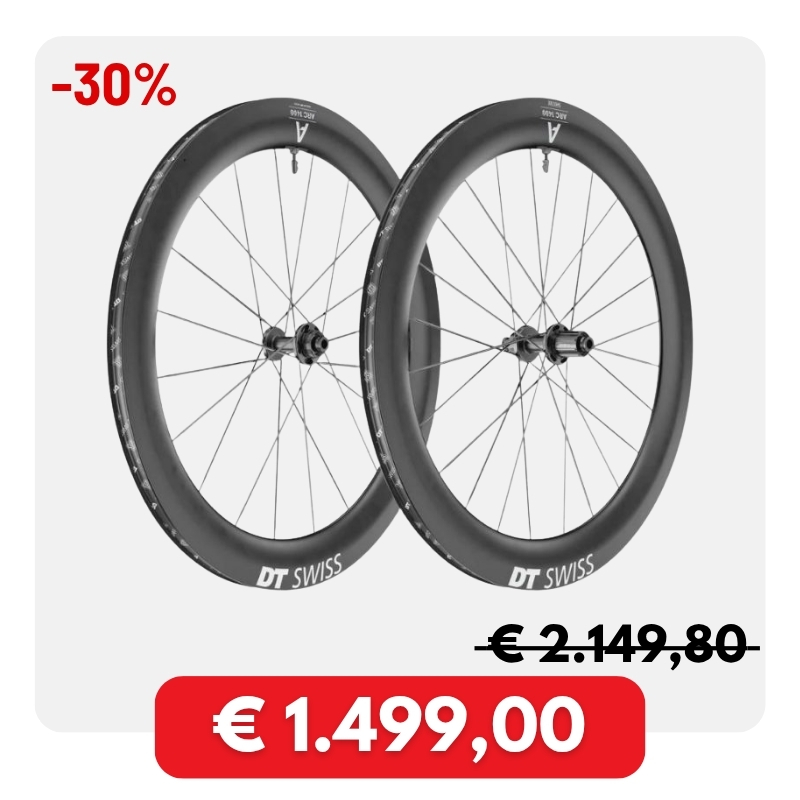 Pair of DT Swiss deep-section carbon road bike wheels on sale, 30% off with reduced price €1.499,00 shown