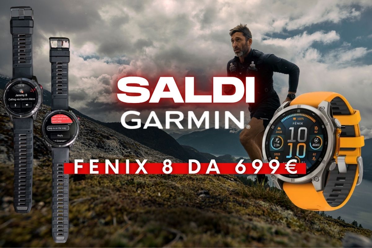 Garmin Fenix 8 sale banner showing three Fenix 8 smartwatches, a trail runner and mountain landscape, from €699