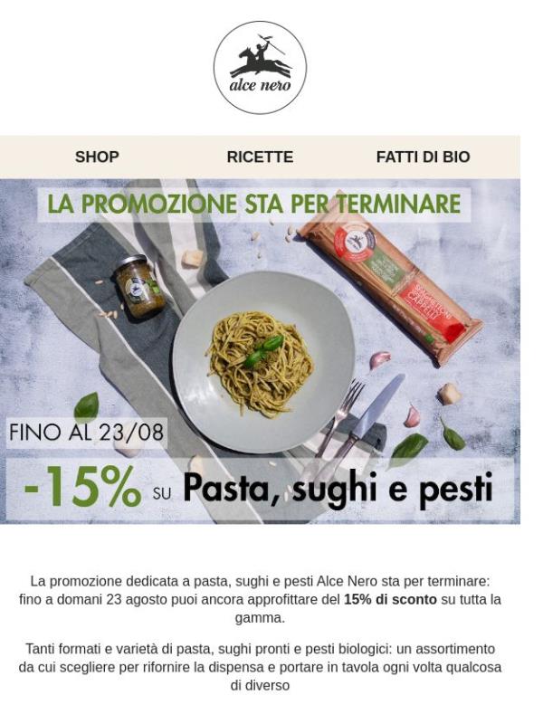 Ultime ore: 15% di sconto su pasta, sughi e pesti Alce Nero 🍝