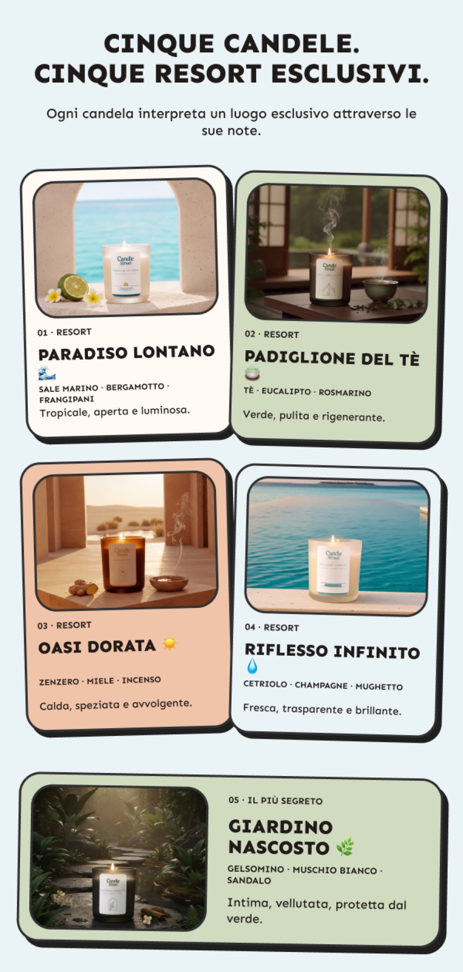 Cinque candele ispirate a cinque resort segreti