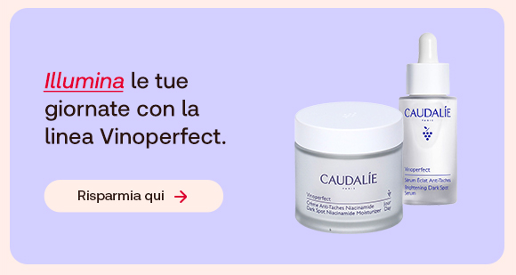 “Prodotti Caudalie Vinoperfect su sfondo lilla. Testo: ‘Illumina le tue giornate con la linea Vinoperfect’ con pulsante ‘Risparmia qui’.”
