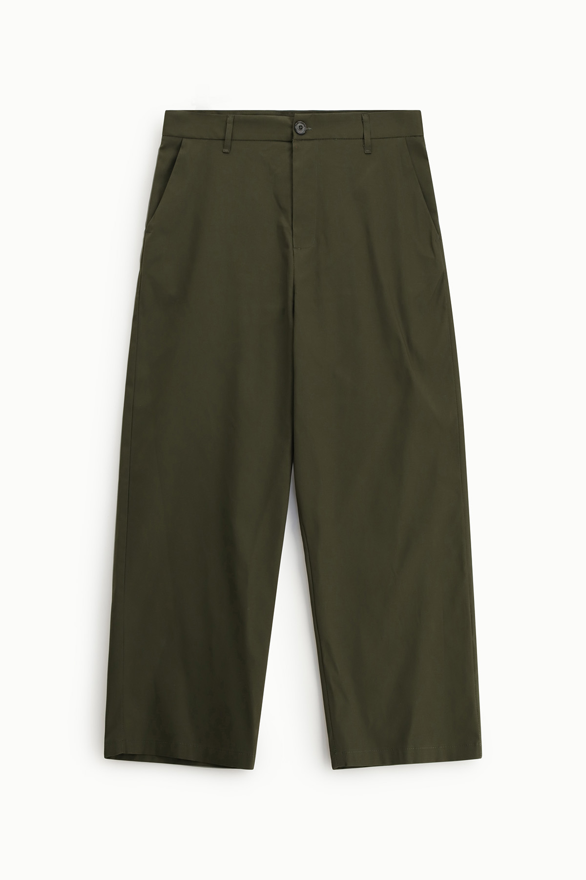 Olive-green wide-leg trousers with high waist, front button and belt loops, flat-lay on white background