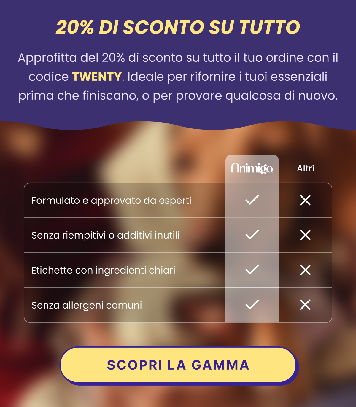 Una gamma completa può essere tanta quando vuoi solo la cosa giusta per il tuo animale. La maggior parte dei proprietari inizia dallo stesso punto. Olio di canapa per la calma, Glucosamina e condroitina per articolazioni più rigide, e Probiotici digestivi per una pancia tranquilla. Tre esigenze diverse, tre punti di partenza naturali, ciascuno dosato in base al peso sull'etichetta. E qualunque cosa provi, con la nostra garanzia puoi iniziare a basso rischio.