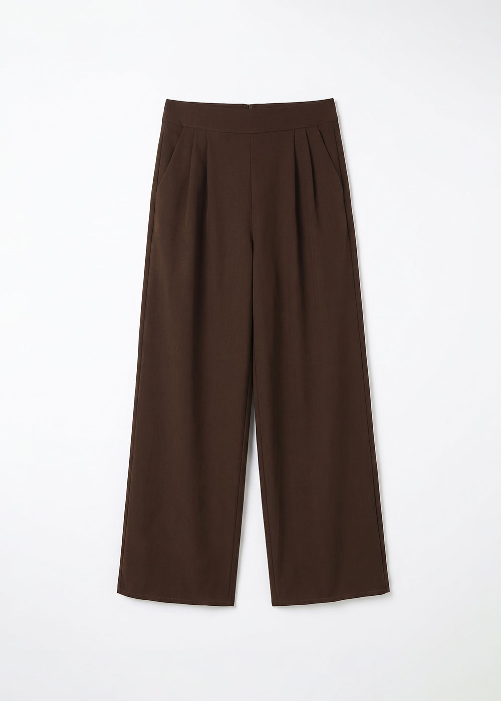Dark brown high-waisted wide-leg trousers with front pleats, flat lay on white background