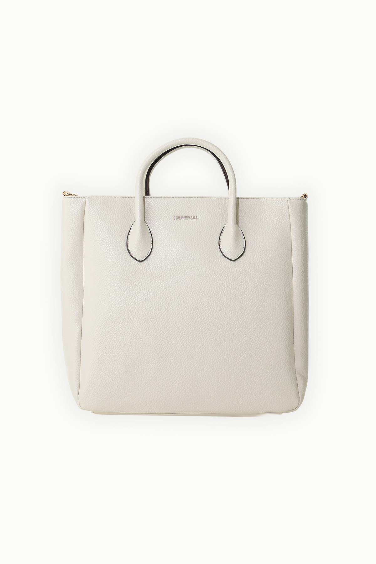 Cream pebbled leather tote bag with double top handles, subtle gold logo detail and structured rectangular silhouette
