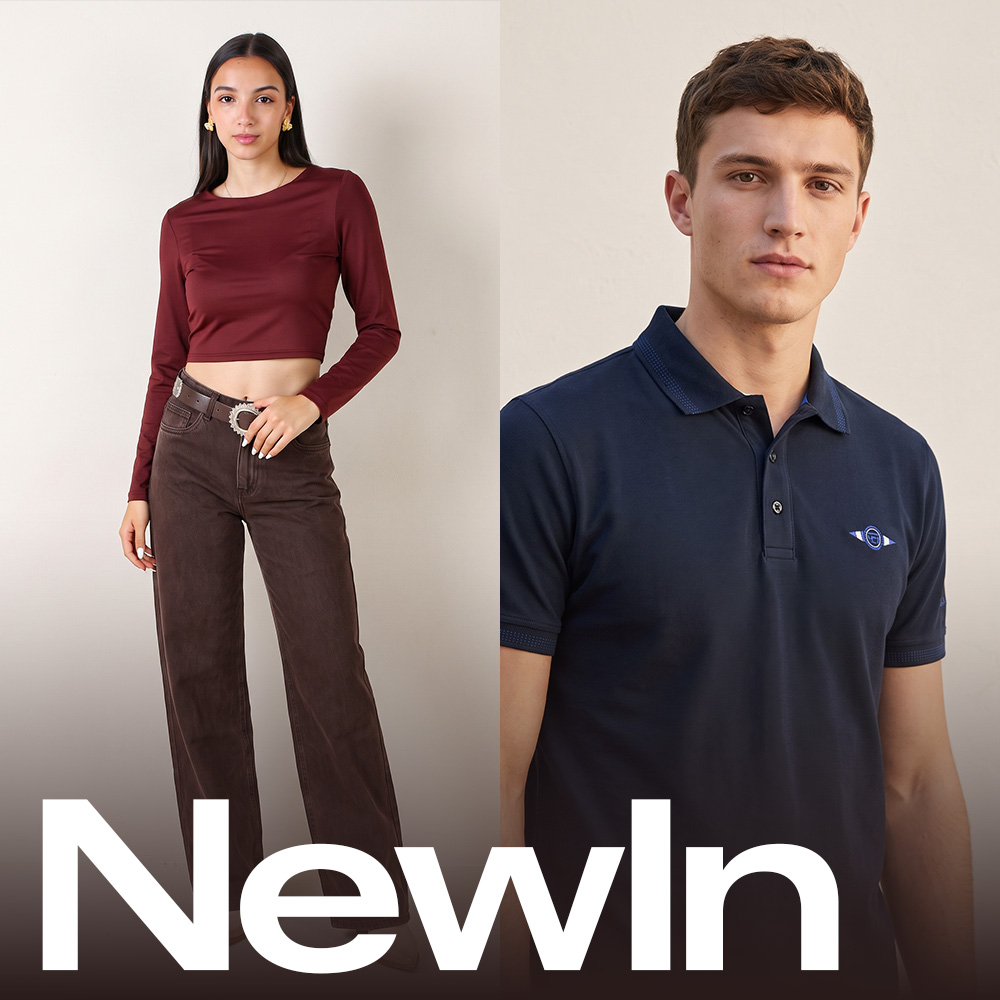 Split image: woman in burgundy long-sleeve crop top and brown wide-leg trousers; man in navy polo shirt with NewIn logo