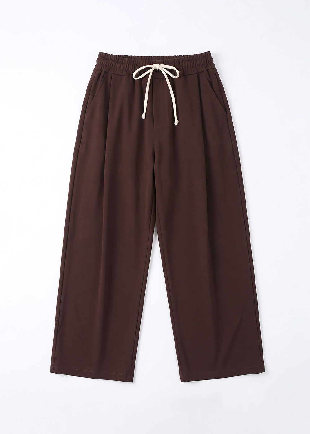 Wide-leg brown trousers with elastic drawstring waistband and side pockets, flat-lay on white background