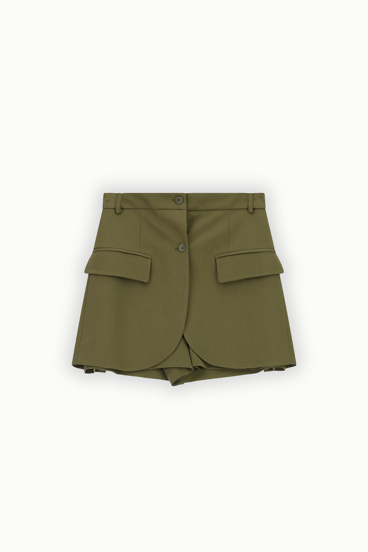 High-waist olive green women's skort with button-front, layered skirt-over-shorts design and two cargo-style flap pockets