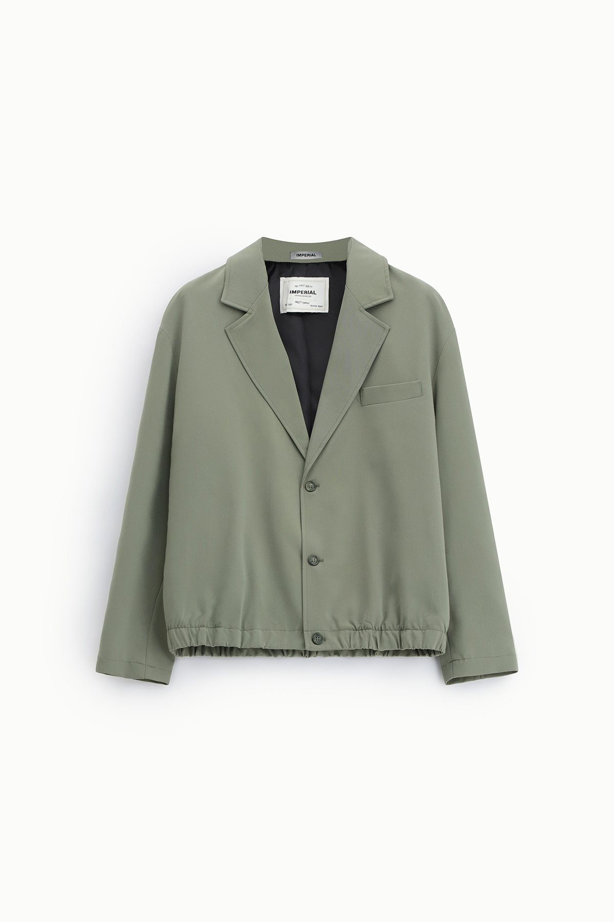 Khaki green cropped blazer with notched lapels, three-button front, elasticated hem, chest welt pocket and black lining