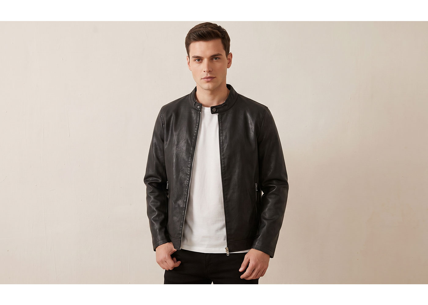 Man wearing a black leather jacket over a white T-shirt, front view on a neutral background