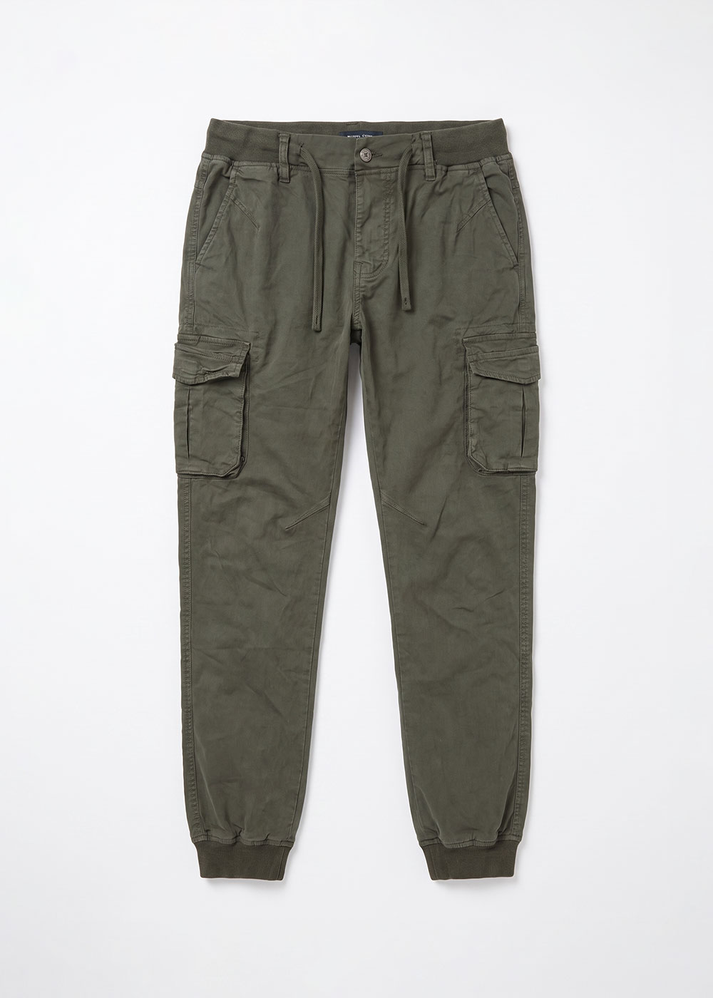 Olive green cargo jogger trousers with drawstring waist, flap side pockets and elasticated cuffs, flat-lay on white background
