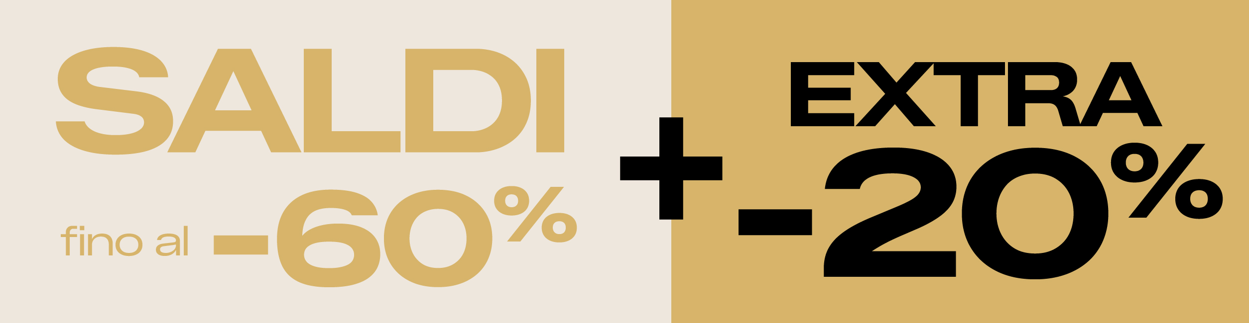 Promotional banner: sale up to 60% off plus an extra 20% off, gold and black split design