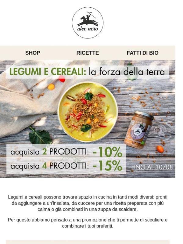 Fino al -15% su legumi e cereali Alce Nero