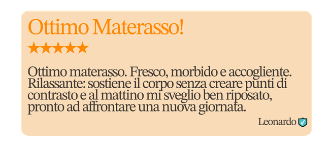 Ottimo Materasso! ★★★★★ Ottimo materasso. Fresco, morbido e accogliente. Rilassante: sostiene il corpo senza creare punti di contrasto e al mattino mi sveglio ben riposato, pronto ad affrontare una nuova giornata. Leonardo