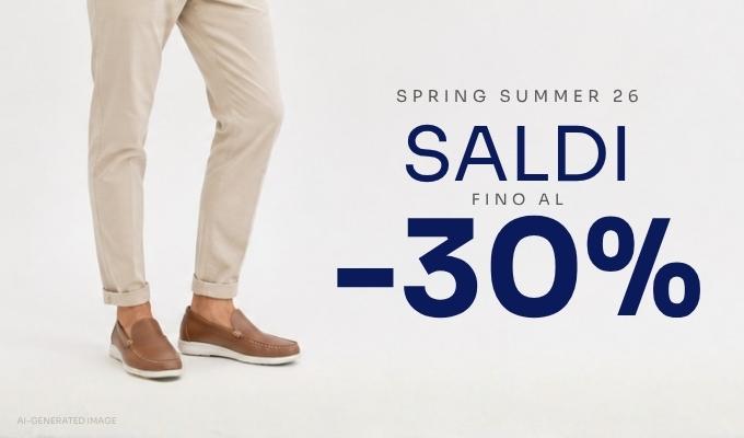Men's beige rolled chinos and brown loafers beside bold 'SALDI -30%' spring/summer sale text