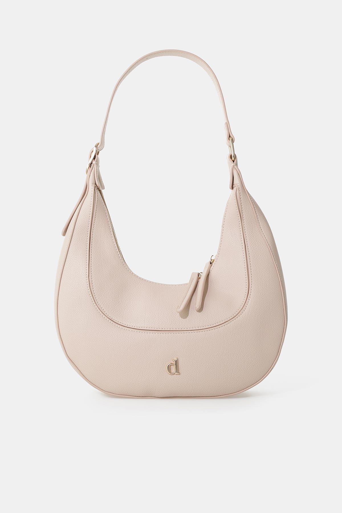 Beige pebbled leather crescent hobo shoulder bag with top zip, single strap and small gold logo accent