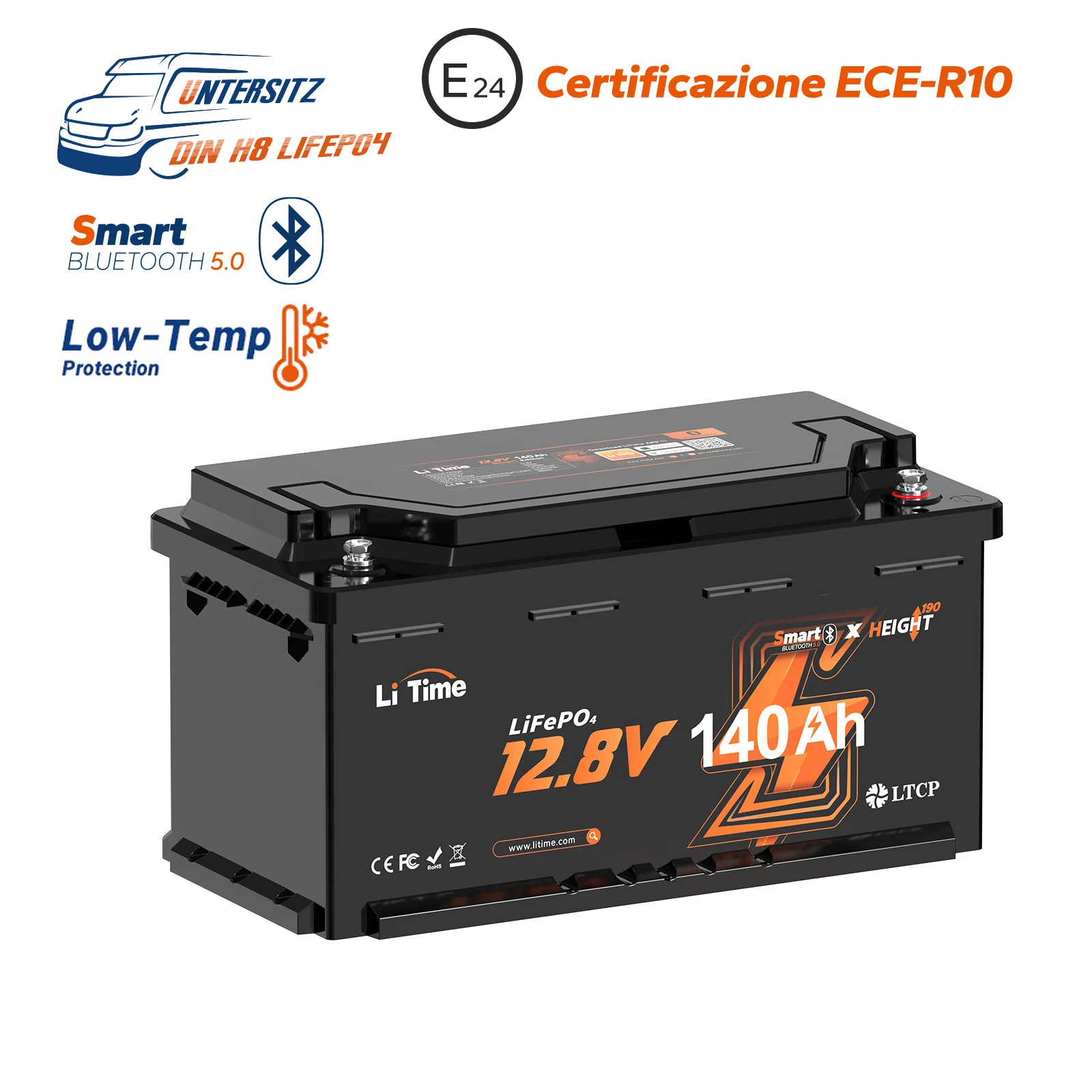 Image of 12V 140Ah H190 Batteria al litio a ciclo profondo con Bluetooth - Sotto il sedile del camper, DIN H8