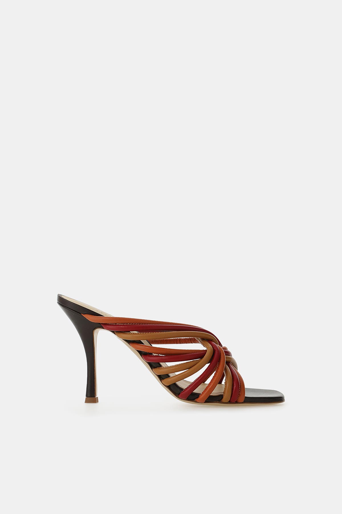 Women's open-toe high-heel mule with multi-coloured leather braided straps in brown, tan and red with a black sole