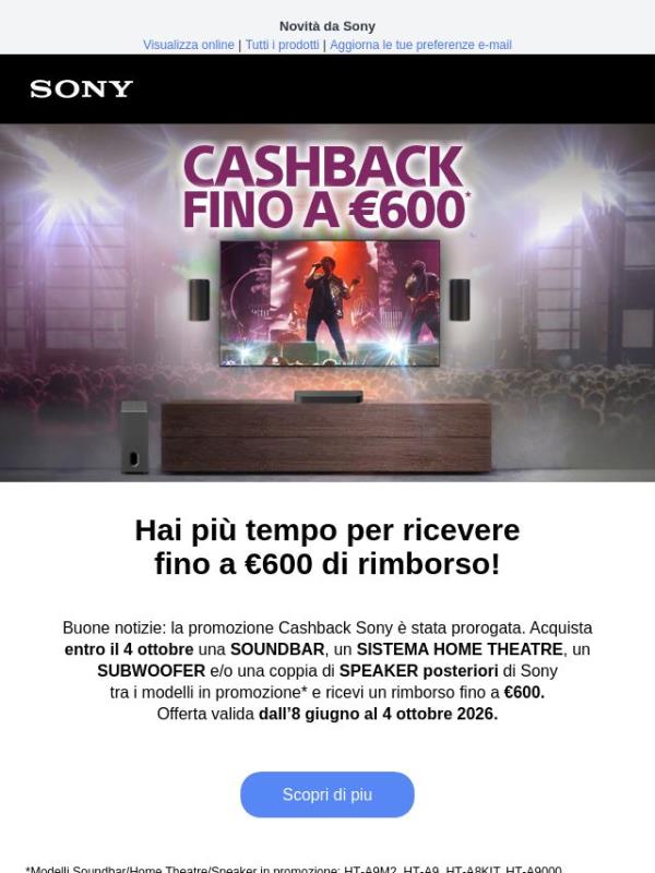 Il Cashback Sony continua fino al 4 ottobre