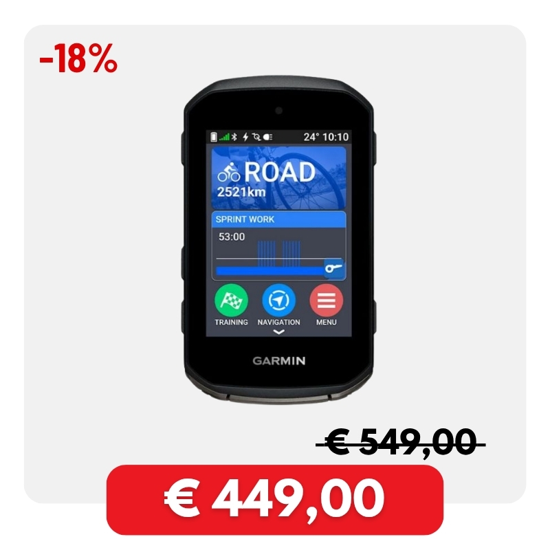 Garmin cycling GPS computer with colour screen showing 'Road' ride data, training/navigation icons and red 18% off price badge